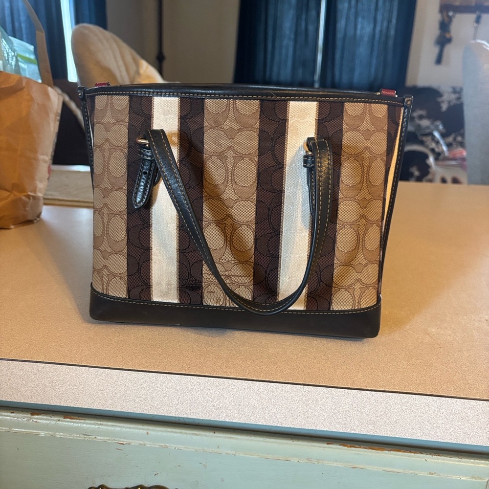 Coach Brown and Ivory Signature Stripe Tote - Picture 5 of 6